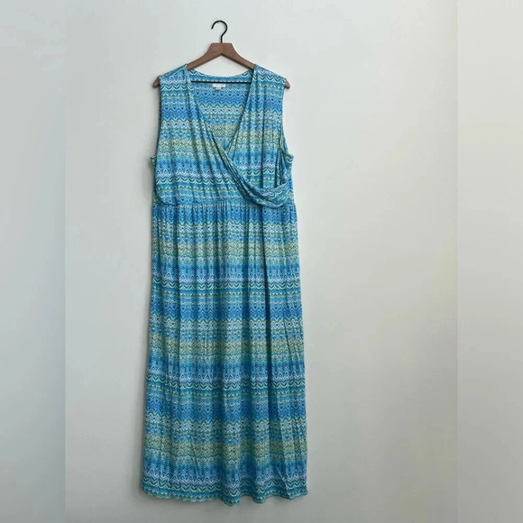 J. Jill Blue Surplice Aegean Island Ikat Print Maxi Dress Stretch Jersey Plus 3X - Picture 2 of 12